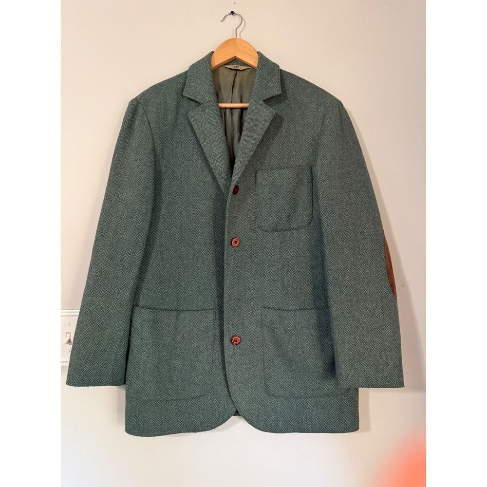 Vintage GAP Herringbone Blazer M Green Wool Blend Elbow Patches Academic preppy
